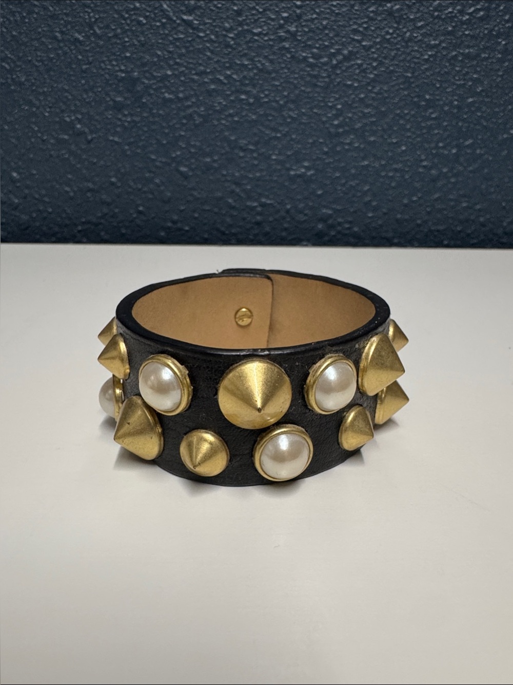 Rare Eddie Borgo for JCrew Black Leather Cuff with Gold Studs and Pearl Accents